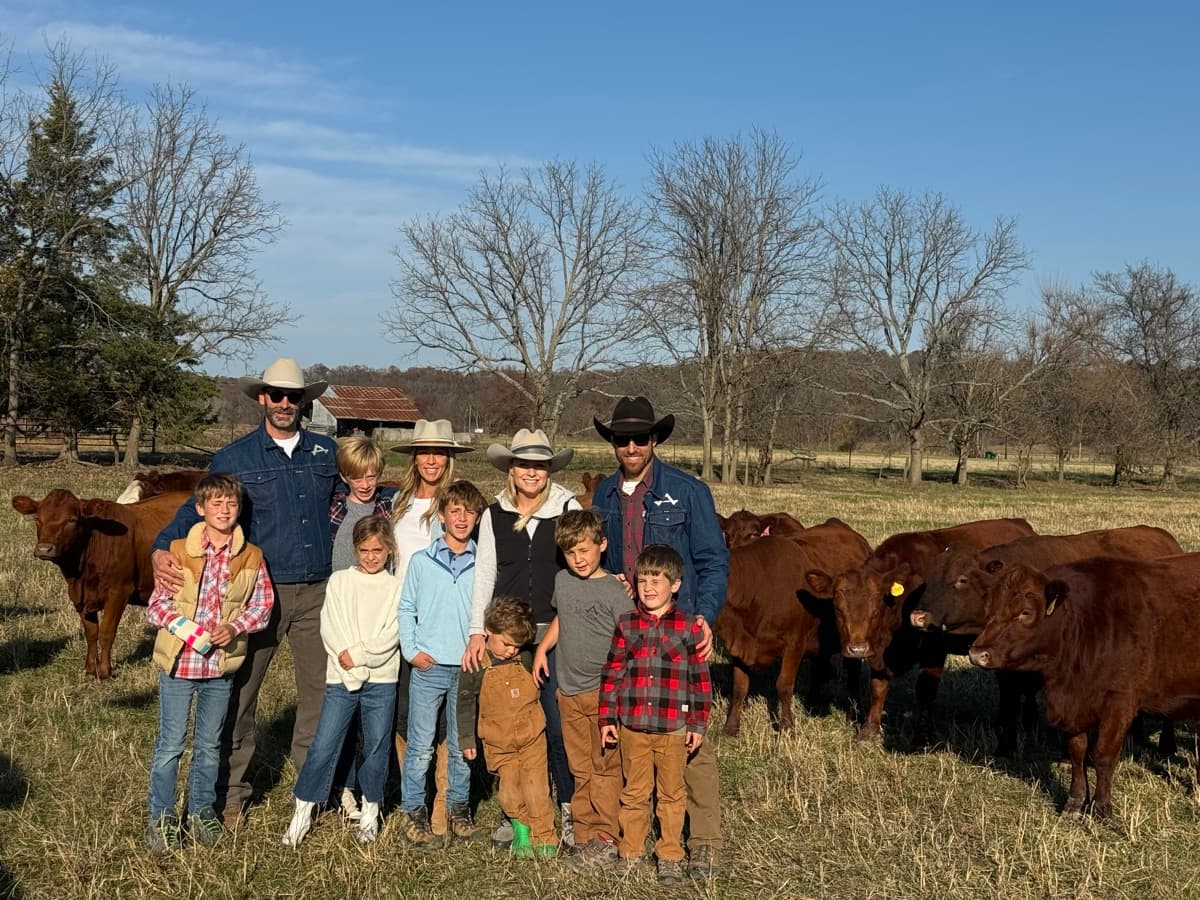 Two families with their kids among the cattle