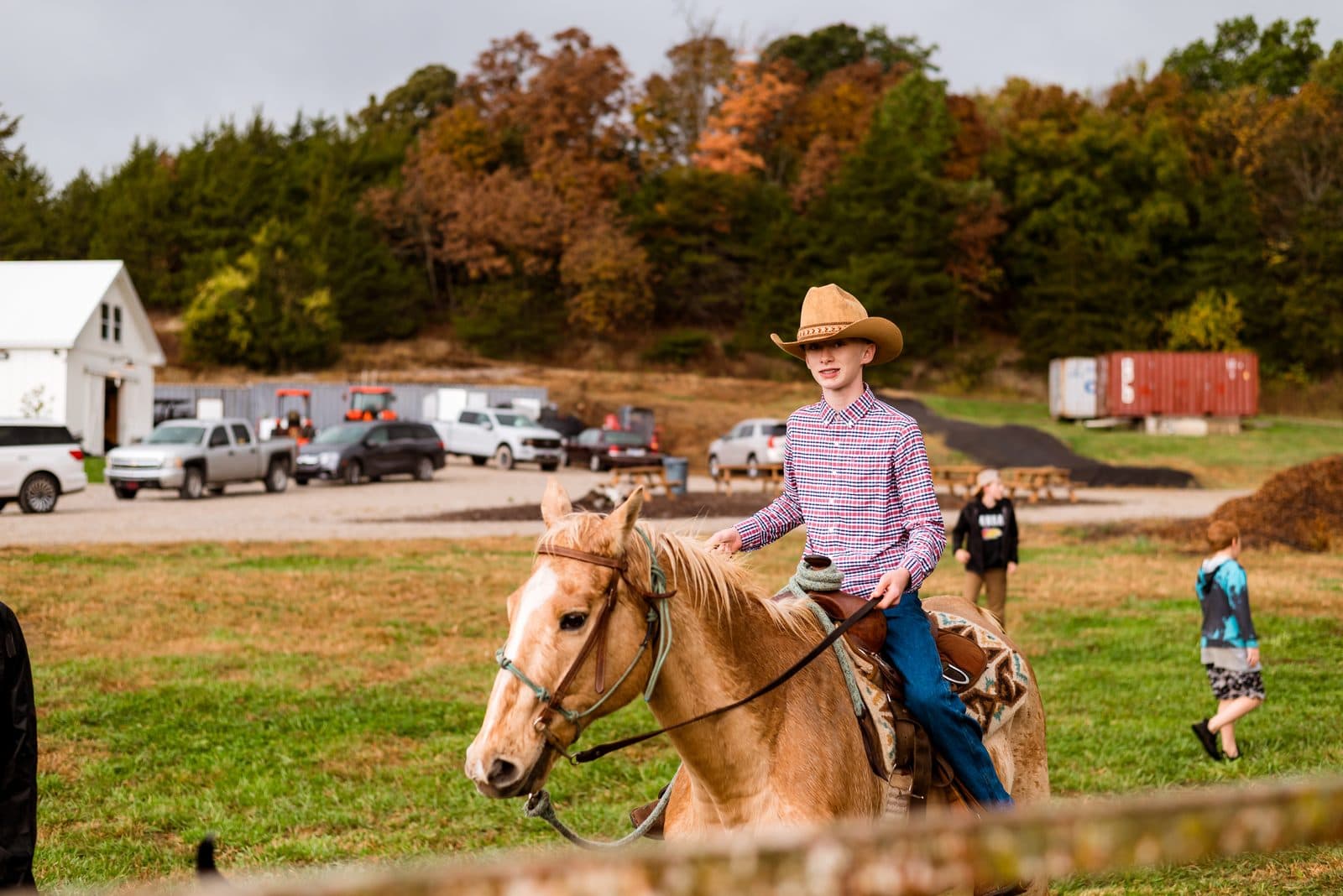 Boy in a cowboy hat riding a palomino