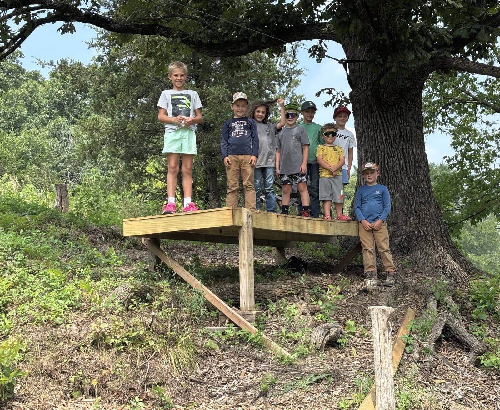 Kids standing on the platform under the big oak