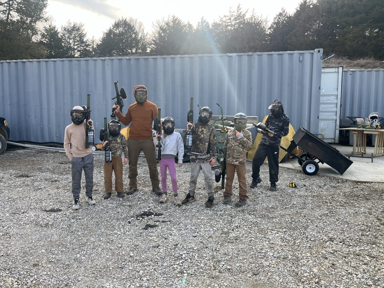 Kids and adults geared up for paintball